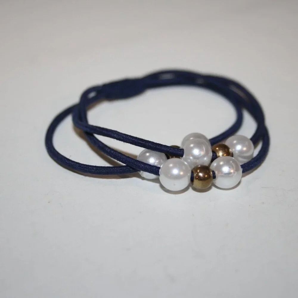 Beautiful NWOT navy blue, gold and pearl elastic hair tie/ bracelet 6